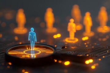 Glowing blue digital human figure standing on a magnifying glass over a circuit board, surrounded by blurred orange figures; concept for digital identity, human resources, artificial intelligence