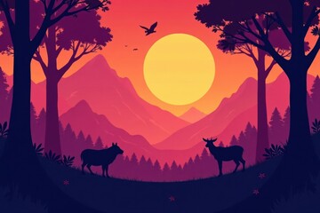 Fototapeta premium Forest Landscape with Silhouetted Trees and Animals, wildlife, leaves