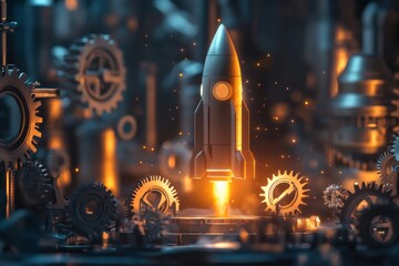 Futuristic Rocket Launch Gears Innovation Technology Startup Success 3d dark space speed future     