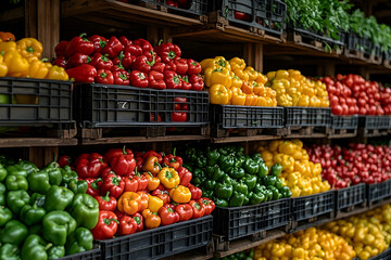 Vibrant display of colorful bell peppers in a market, showcasing freshness and variety