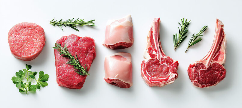 Variety of fresh meat cuts and herbs on white background.