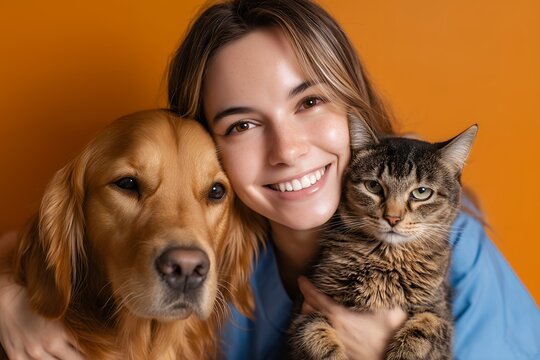 Close-up portrait of a smiling woman hugging a Golden Retriever and a tabby cat against an orange background, concept for pet adoption, veterinary care, animal lover, and pet insurance