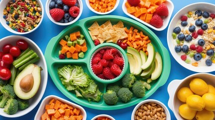 close-up photo of colorful children meal arrangement with variety of healthy appealing foods