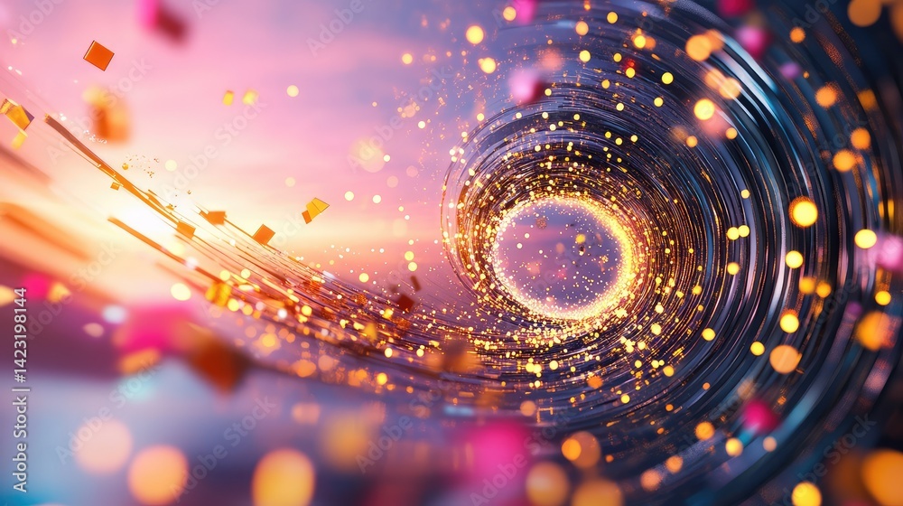 Poster abstract cyberspace tunnel showing wireless data packets in motion, 3d nodes connected by glowing li
