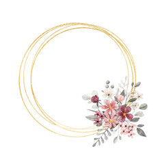 Gold wreath with pink flowers and grey leaves. Watercolor hand painting floral frame with place for text. Isolated on white background.