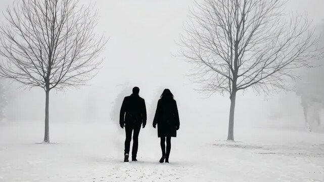 Winter walk in foggy park with two adults under leafless trees