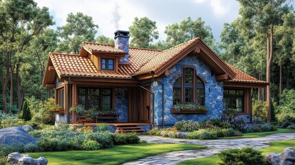 Obraz premium Rustic wooden home nestled amidst a lush forest.