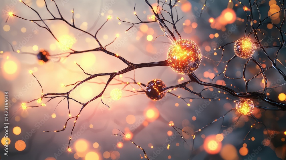 Poster high-speed wireless connection across 3d neural circuits, glowing data points travel on light paths