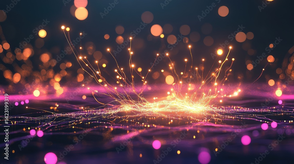 Poster high-speed wireless connection across 3d neural circuits, glowing data points travel on light paths