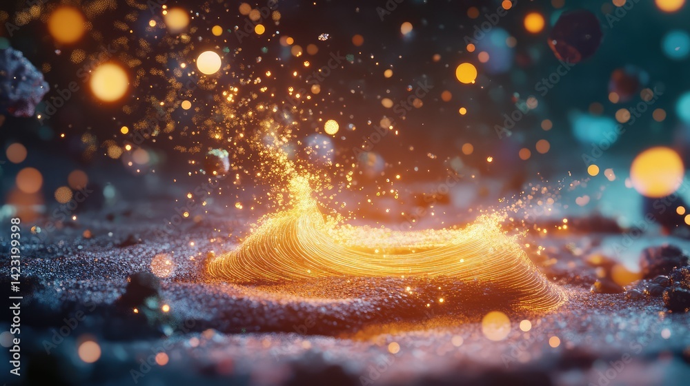 Poster neon particle splash in a 3d space with glowing wave lines moving across a deep futuristic void