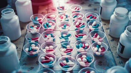 Colorful Assortment of Pills and Capsules in Plastic Cups Surrounded by Medical Bottles, Illuminated for a Vibrant Pharmacy and Healthcare Theme, Ideal for Medical and Wellness Concepts