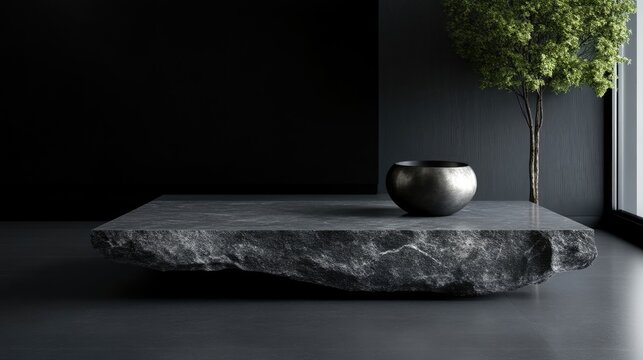 Minimalist modern dark gray stone table with a dark metal bowl and a small tree