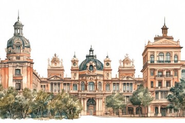 Fototapeta premium Palace in madrid watercolor building architectural.