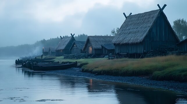 Viking village on the shore with wooden longhouses