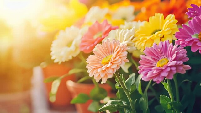 Sunlit spring flowers in bloom for greeting cards and posters