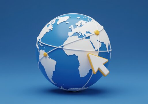 A blue and white globe with a cursor pointing to africa and connected by lines and yellow pins