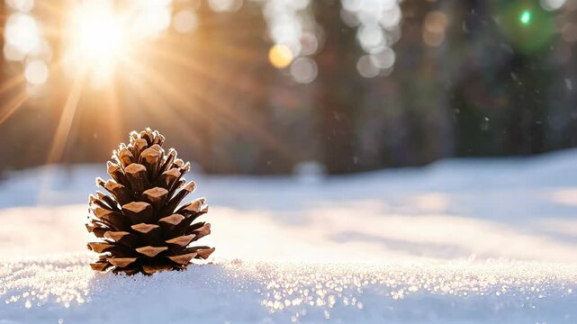 Winter sunrise over pinecone in snowy forest scene