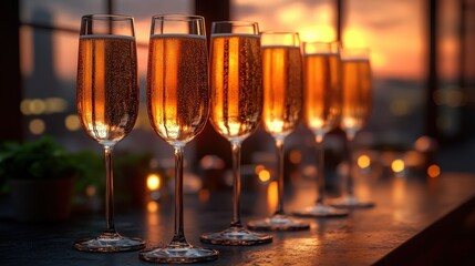Obraz premium Elegant champagne flutes lined up on a bar during sunset, creating a warm, celebratory atmosphere