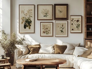 Fototapeta premium Cozy Living Room Interior With Wooden Frames Artwork on White Wall Plants and Rustic Furniture