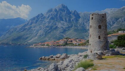 Fototapeta premium Coastal town tower, mountains, sunny day