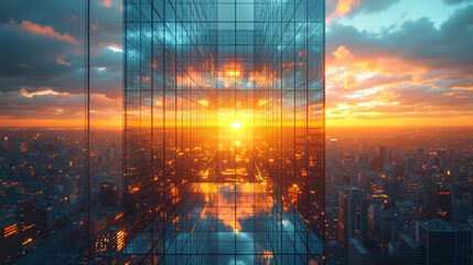 Hyperrealistic Glass Skyscraper in Vibrant Sunset Colors Against Urban Backdrop