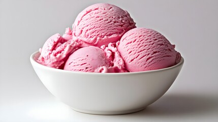 Pink Ice Cream Scoops in White Bowl Isolated on Clean Background