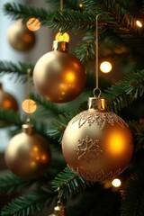 Hanging Christmas ornaments in shades of gold , decorations, ornament