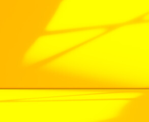 Yellow background wall gradient orange color studio room solid podium with shadow leaf on floor,...