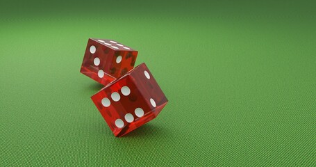 two red dice bouncing on a green tablecloth