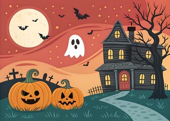 A spooky Halloween night illustration features a haunted castle silhouette under a dark moonlit sky with bats and a scary pumpkin