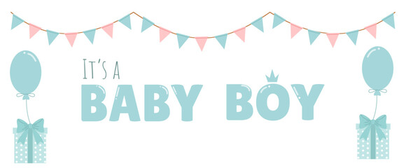 Vector banner for the birth of a little boy with garlands and gifts