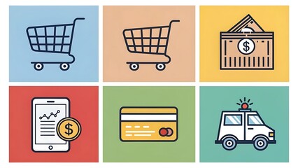 Vector shopping icons set includes cart, basket, sale tag, gift box, and money symbols for retail business
