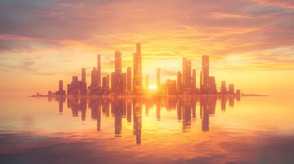 Fototapeta premium Metropolitan Reflections: A Golden Sunrise Over a Cityscape Mirrored on Water