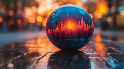 Sphere with graph data sits on a reflective surface out of focus lights in the background