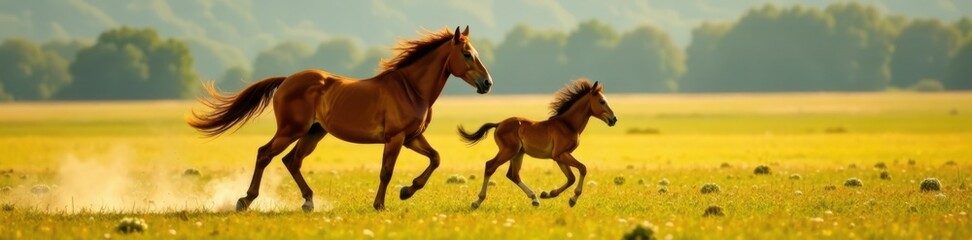 Obraz premium Mare and foal running together, running, mane flowing