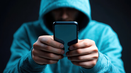 Scammer using burner phone to delete evidence dark room crime scene suspense close-up view