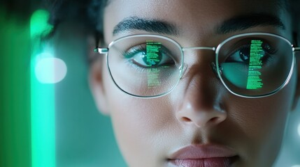 Focused coder analyzing code digital workspace closeup photography high-tech environment intimate viewpoint