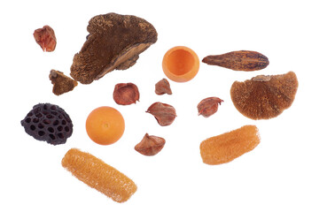artificial dried mushrooms and fruits isolated on white background