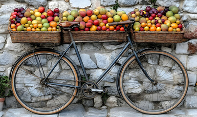 Vintage bicycle adorned with vibrant fruits against a rustic stone wall, evoking market charm