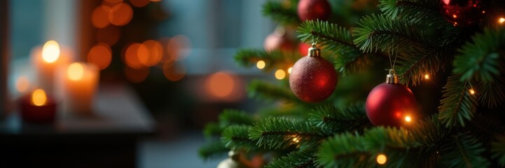 Obraz premium Evergreen Christmas tree with ornaments in warm candlelight, Ornaments, Festive