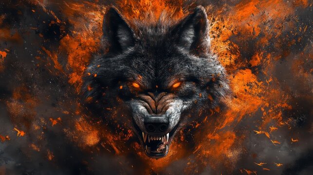 Fiery wolf head digital painting
