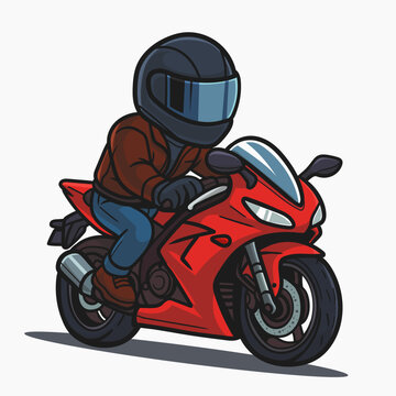 The driver of a motorcycle clad in a leather jacket and riding. Lover Biker Touring. Red sport cartoon