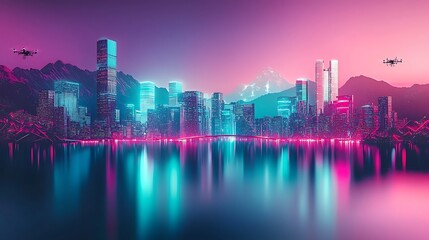 Fototapeta premium Futuristic cityscape reflecting vibrant neon hues in tranquil waters at twilight