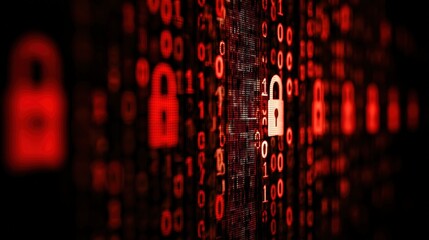 Digital Security Lock Icon on Red Binary Code Background Representing Data Protection and Cyber Safety