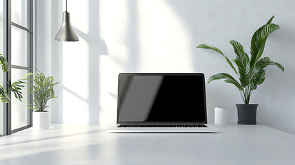 Bright and airy workspace featuring a laptop, plants, and natural light streaming through the window