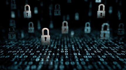 Digital Security Concept Padlocks Floating Over Binary Code Representing Data Protection and Cybersecurity