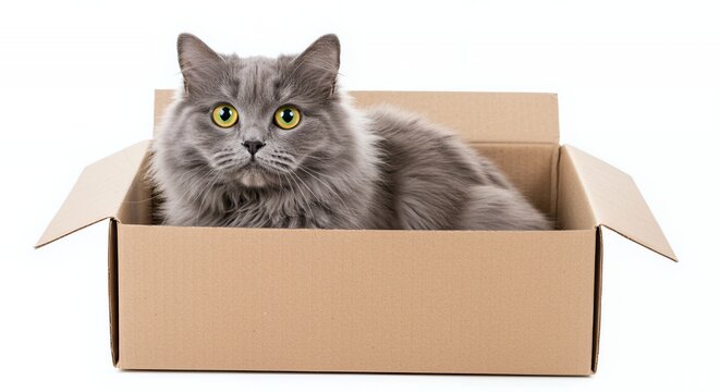 Fluffy Gray Cat with Yellow Eyes Sits Inside Brown Cardboard Box Isolated on Clean White Backdrop in Studio Lighting with Soft Detailed Fur and Cozy Comfort