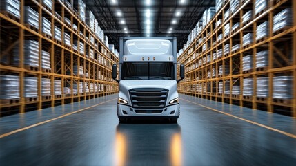 A modern truck is positioned in a vast warehouse, flanked by shelves filled with goods, illuminated by bright overhead lights.
