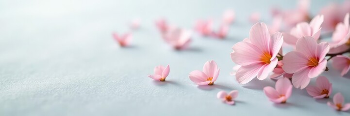 Fototapeta premium Tiny and delicate flower petals on a light gray background, subtle, small
