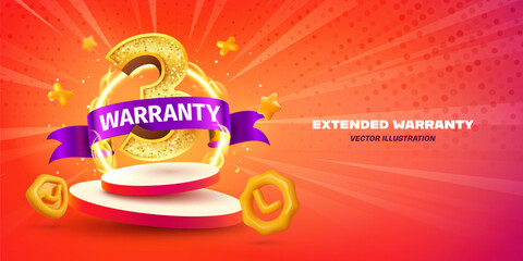 Golden Number Three Warranty Badge with Purple Ribbon and Shiny Elements. 3 Years Warranty Extended Three Year Guarantee Concept for Reliable Product or Service. Vector Illustration.